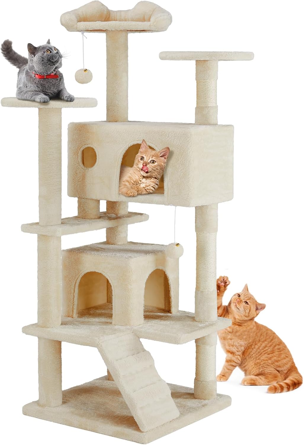 61skFyPN4NL._AC_SL1500_.jpg 54-Inch Cat Tree Tower – Multi-Level with Sisal Scratching Post, Perfect Pet Gift, Indoor Condo with Climbing Ladder, Plush Toy, and More Animal Stuff, Beige - Image 1