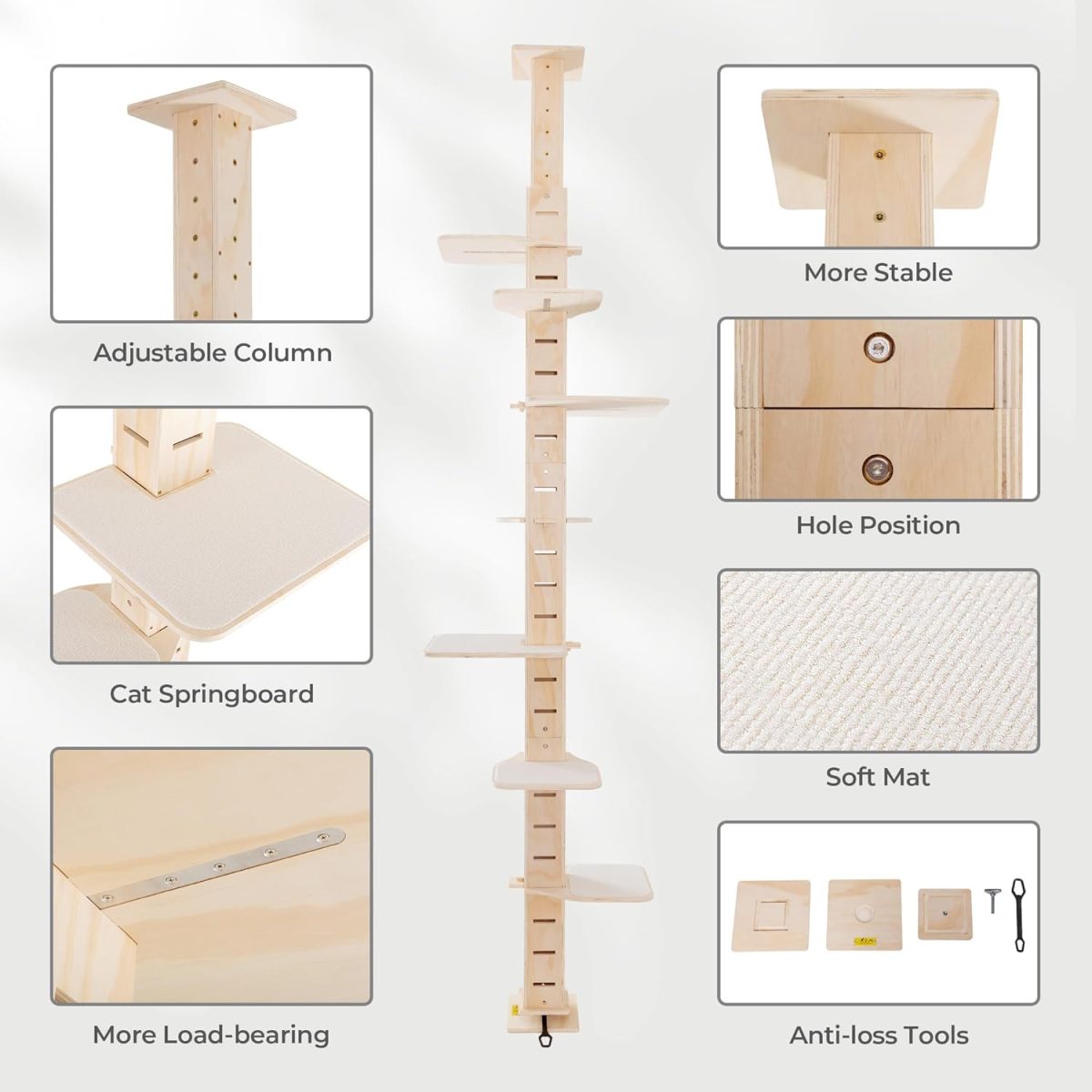 Floor to Ceiling Cat Tree Tower for Indoor Large Cats Tall Cat Climber with Adjustable Height (98-114 inches) 7 Tier Wood Cat Climbing Tower - Image 2
