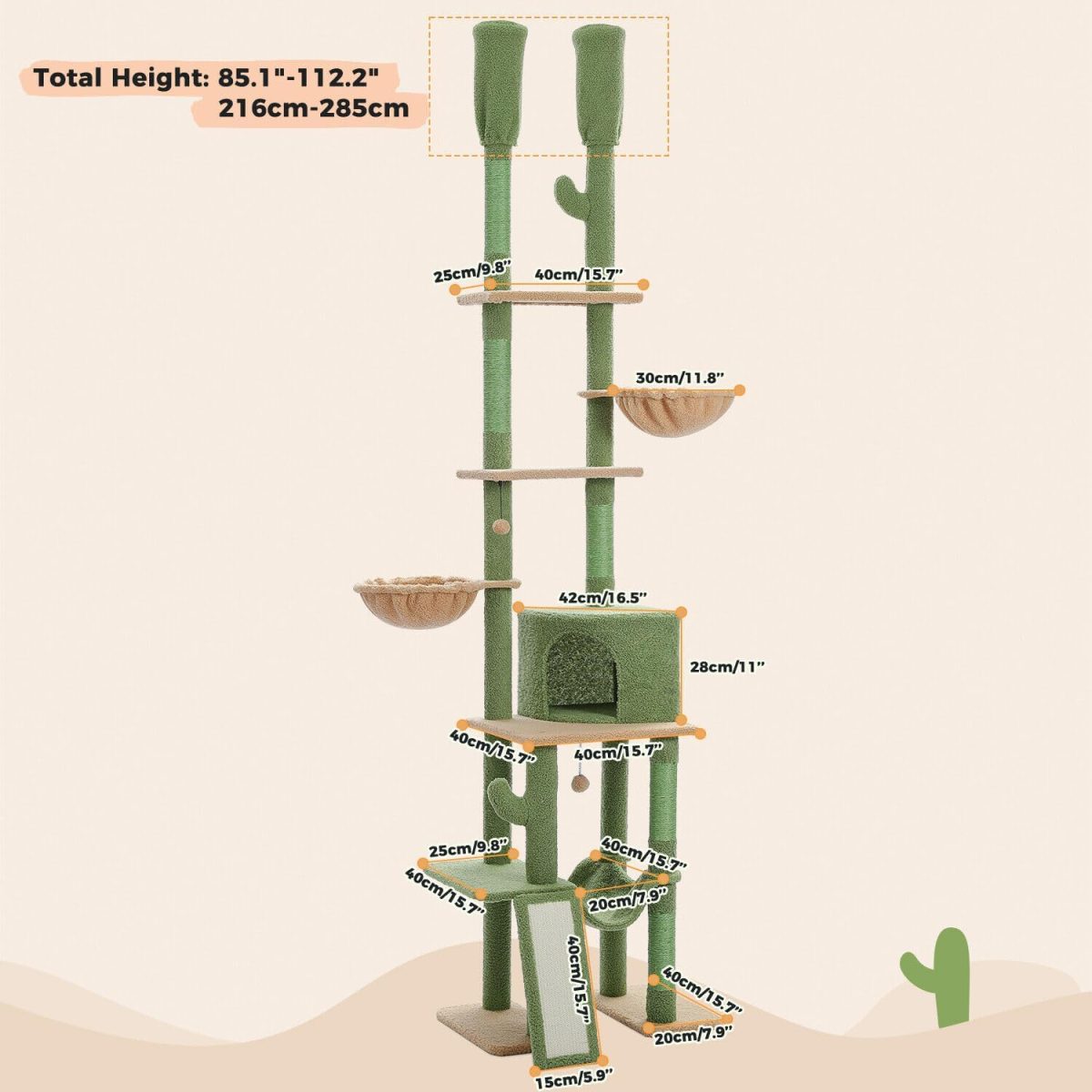 Cat Tree Floor to Ceiling Cat Tower with Adjustable Height(85-112 Inches), 7 Tiers Climbing Activity Center with Cozy Hammocks, 5 Platforms and Scratching Posts for Indoor Cats - Image 2