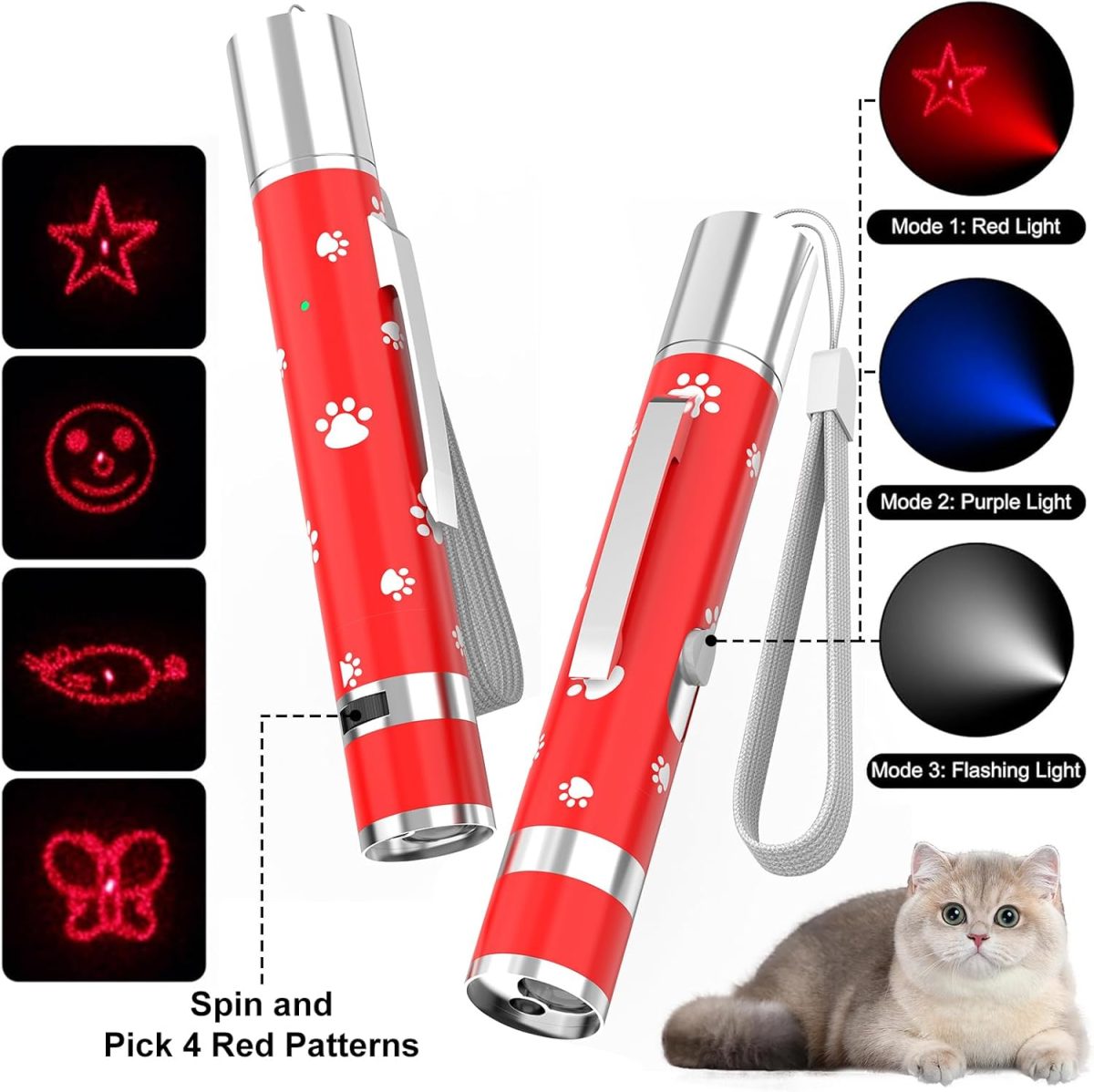 Cat Toys Rechargeable, Indoor Cats Chase Light, Interactive for Kitty Pet Dog with 3 Light Modes 5 Patterns, Red - Image 2