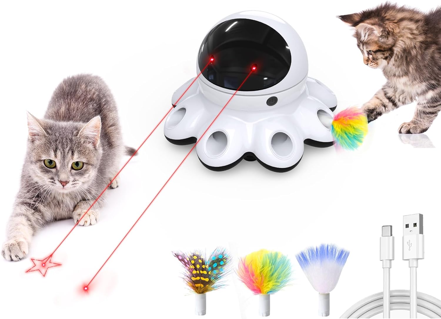 71g8GJ4l5KL._AC_SL1500_.jpg Cat Laser Toy, 2-in-1 Interactive Automatic Motion Activated Moving 8 Holes Whack A Mole Feather, Rechargeable Electronic Smart Sensor Kitten Toys for Indoor Exercise - Image 1