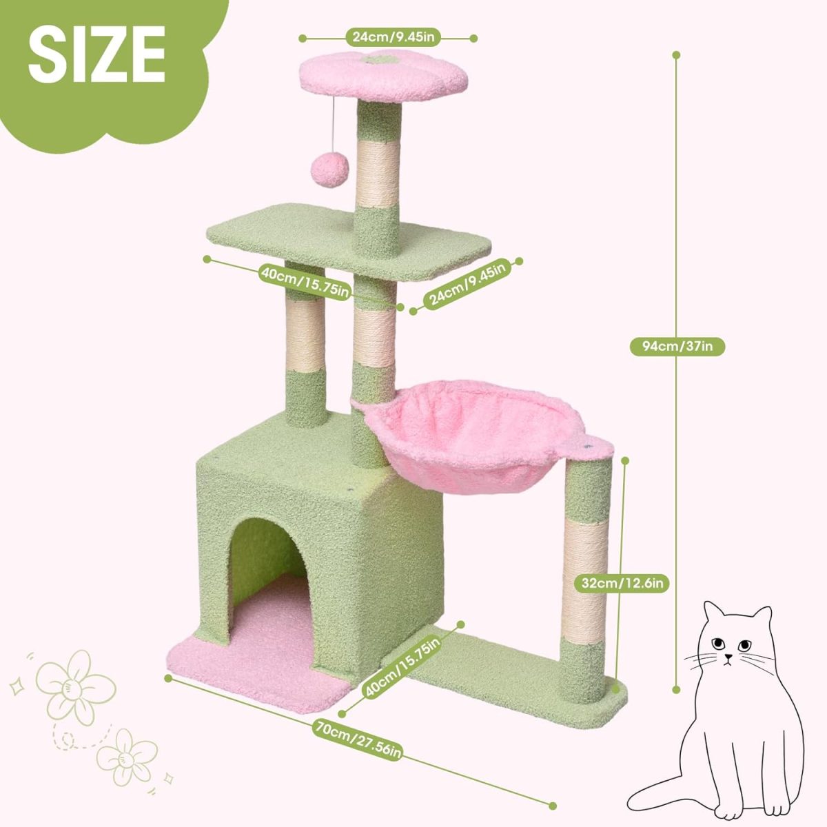 Cute Flower Cat Tree,37in Cute Cat Tree Tower Scratching Posts & Flowery Resting Platform,Small Cat Tree Perfect for Small Medium Cats - Image 2
