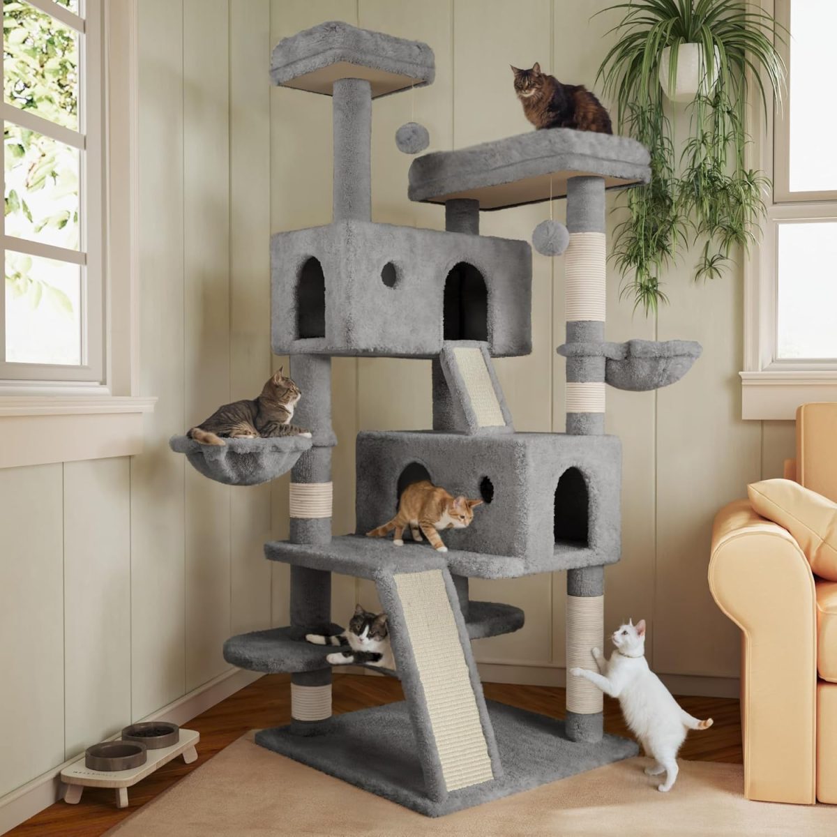 66 Inches Multi-Level Large Cat Tree Tower for Indoor Big Feline/Cozy Plush Perches/Condo/Sisal Scratching Posts/Hammock and Baskets/Activity Center Play House/Wide Base/Grey - Image 1