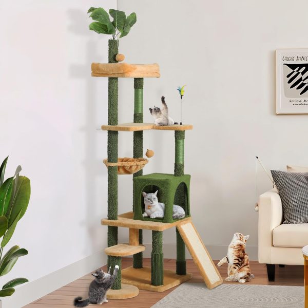 Tall Cat Tree Tower with Leaves for Indoor Cats, 72.8in Cute Cat Climbing Tower with Self-Grooming Brush, Cat Condo, Top Perch, Basktet, Sisal Scratching Posts and Board,Toy Balls