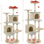 65in Cute Cat Tree, Cat Paw-Shaped Play Tower with Heart-Shaped Platform, Spring Ball & Hanging Ball, Double Condos, Scratching Posts, Cat Climbing Frame Bed Furniture for Indoor Cats - Image 2