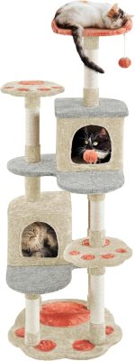 65in Cute Cat Tree, Cat Paw-Shaped Play Tower with Heart-Shaped Platform, Spring Ball & Hanging Ball, Double Condos, Scratching Posts, Cat Climbing Frame Bed Furniture for Indoor Cats