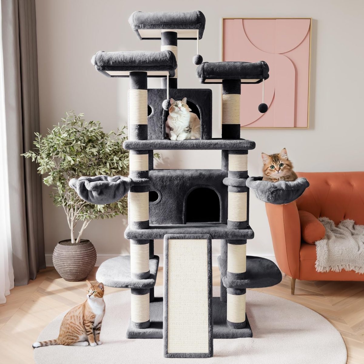 68 Inches Multi-Level Large Cat Tree for Large Kitties/Big Cat Tower with Condo/Cozy Plush ‌Pussycat Perches/Sisal Scratching Posts and Hammocks/Activity Center/Dark Grey - Image 2