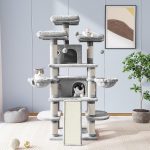 68 Inches Cat Tree/House and Towers for Big Feline/Scratching Post/Multi-Level Large Kitty Climbing Tree with Condo/Light Grey - Image 2