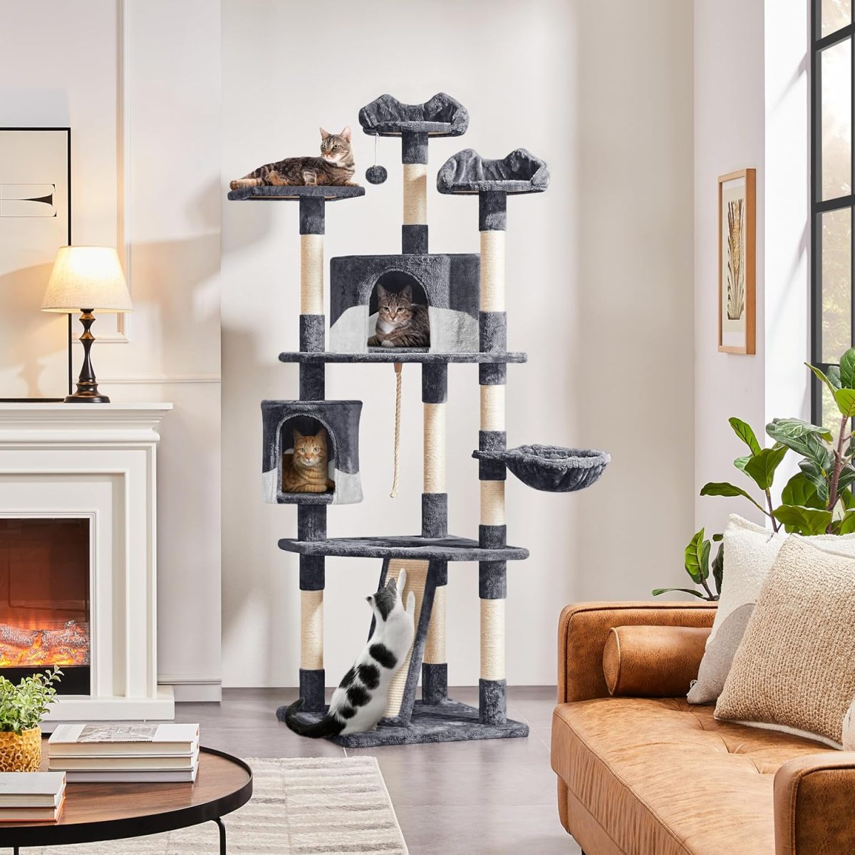 79in Multi-Level Cat Trees Indoor Cat Tower with Sisal-Covered Scratching Posts, Plush Perches and Condo for Kis, Cats and Pets - Dark Gray and White - Image 2