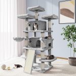 68 Inches Cat Tree/House and Towers for Big Feline/Scratching Post/Multi-Level Large Kitty Climbing Tree with Condo/Light Grey